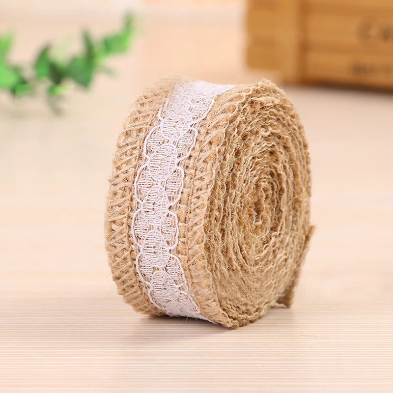 Из мешочной ткани джутовая лента с кружевом однотонная и винтажная роза