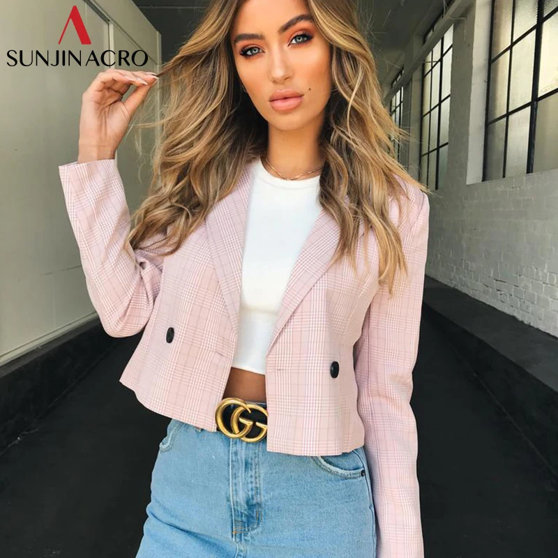 SUNJINACRO Mini Slim Blazer Short Plaid Double Breasted Blazers Womens Suit Autumn Coat Winter Office Ladies Female Jacket | Женская