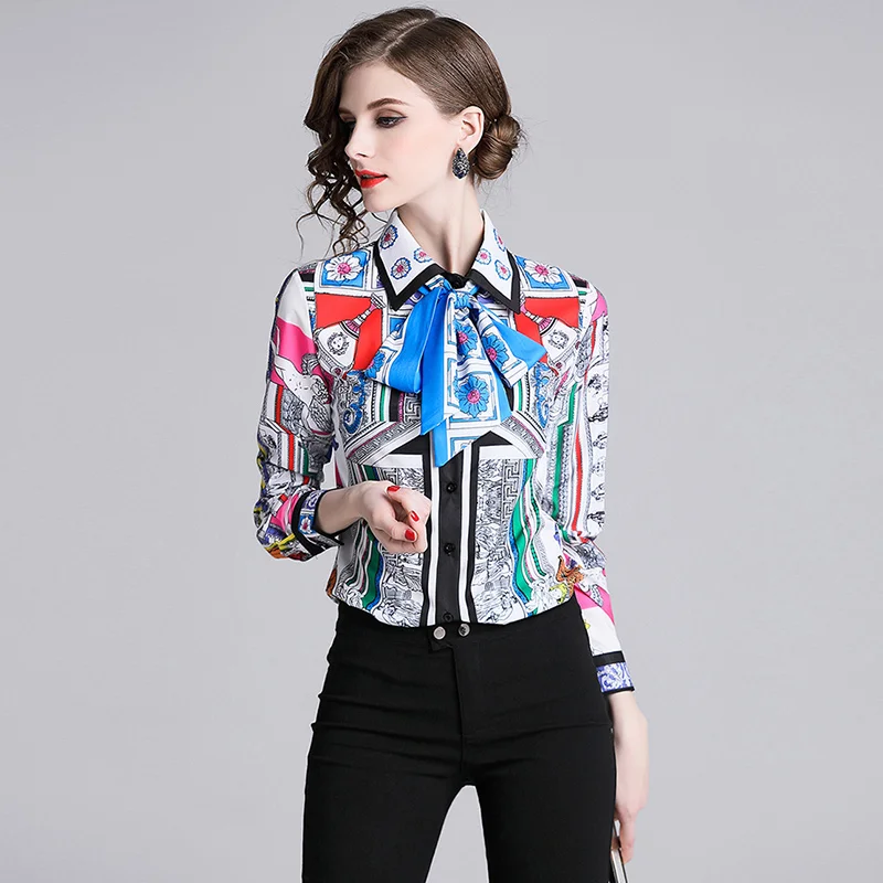New Spring Gray Fashion Patchwork printing summer blouse 2019 Women Clothes Sexy long Shirt Korean Elegant Femme |