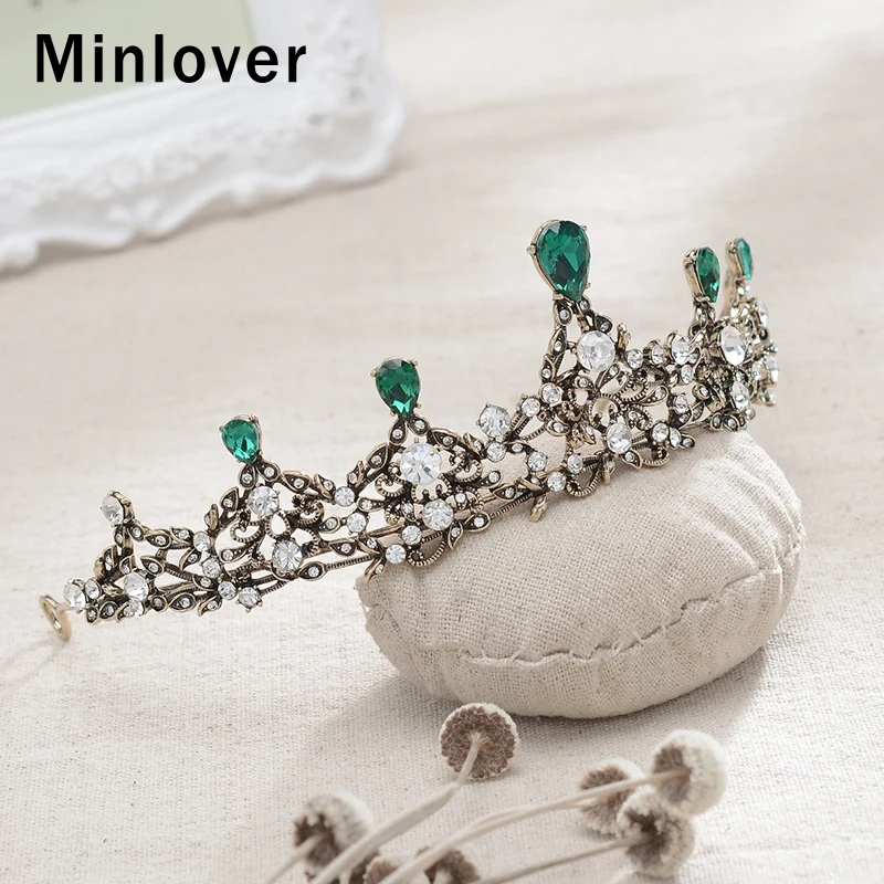 Minlover Винтаж Зеленый Кристалл женские барочные тиары и короны Король Корона