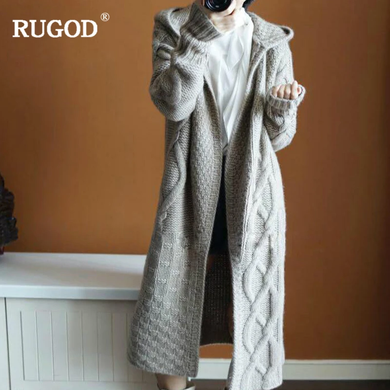 Женский длинный кардиган RUGOD повседневный однотонный вязаный свитер с капюшоном