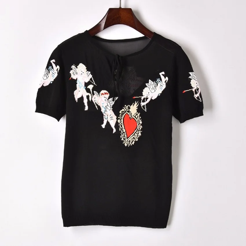 18 Новые летние Стиль перспектива сращены Ангел любви сердце вязаная футболка Для