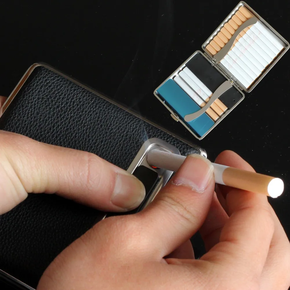 Кожаный портсигар с USB Llighter электронный Перезаряжаемые легче черный сигареты Box