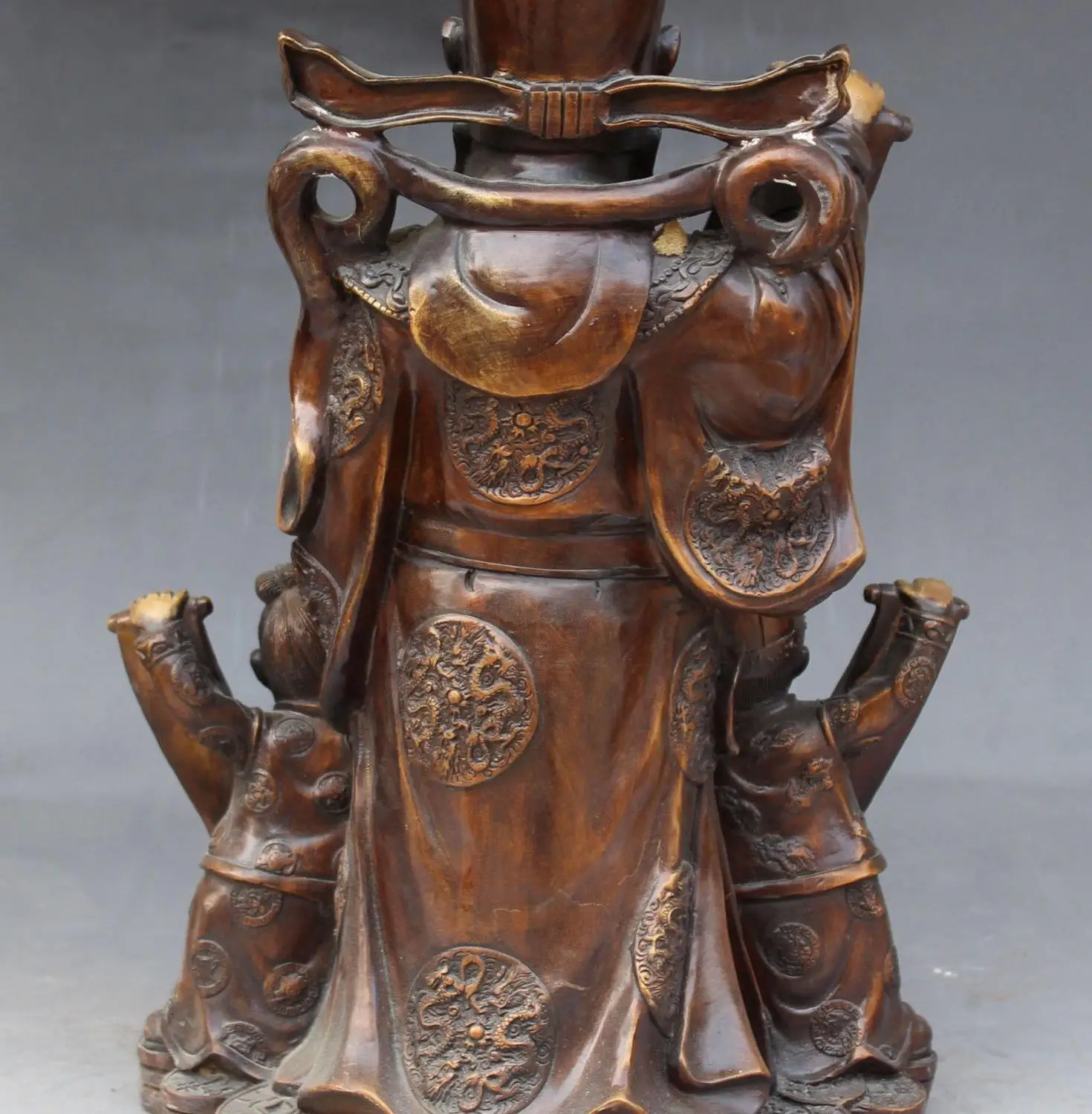 14&quotChinese Bronze Gilt Wealth Treasure bowl Dragon Mamon Tongzi Kid Peach Statue | Дом и сад