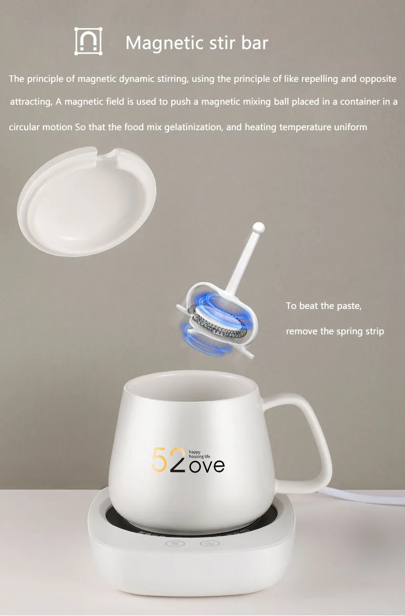 55 Celsius Thermostat Heating Cup Magnetic Stirring Cup Personal Health Cup Desktop Heated Mug Plate for Tea Coffee Milk