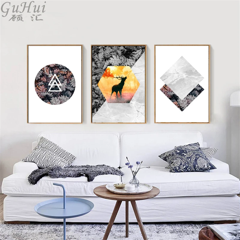 Скандинавский абстрактный геометрический силуэт соснового леса оленя картина