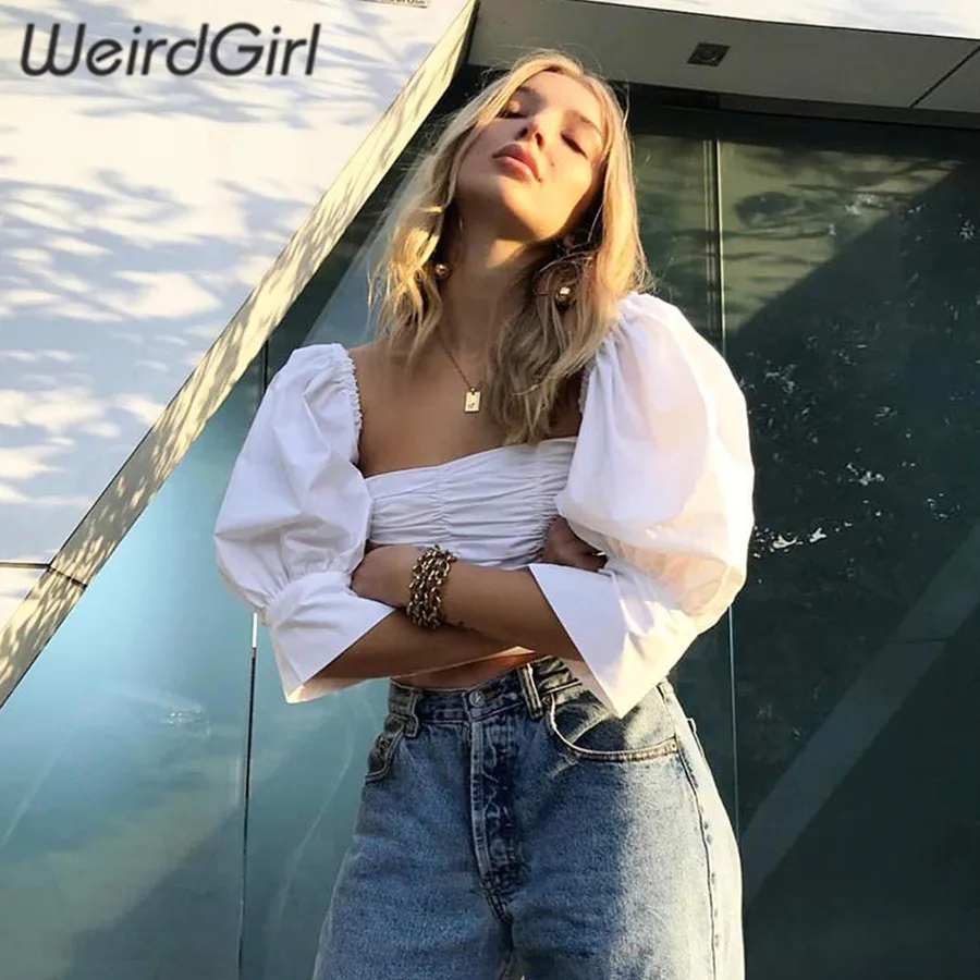 Weirdgirl, женские модные футболки, однотонные, белые, черные, квадратный вырез, новинка, летние женские футболки, кроп-топы, тонкие, повседневные, уличная одежда, Женский Топ