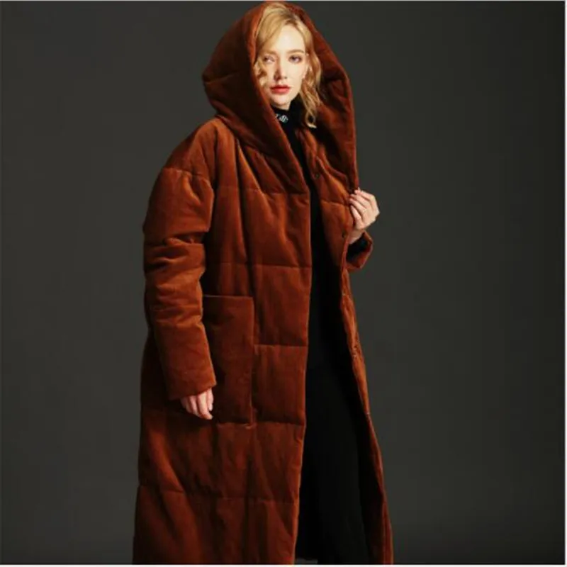 Женский вельветовый пуховик с капюшоном длинный плотный свободный большого