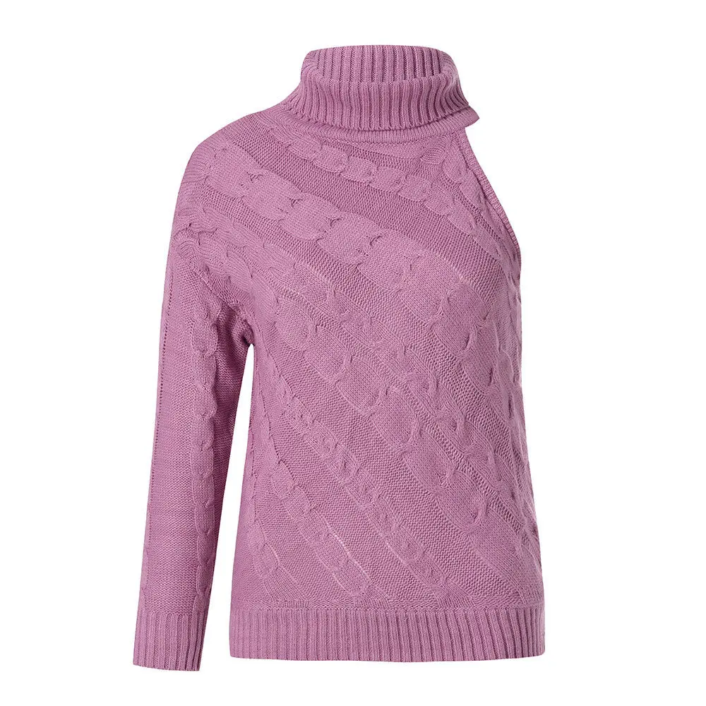 Women Knitted Sweater One Shoulder Turtleneck Pullover Tops Solid Color High Neck Sweaters Cold Knitwear Female Outwear | Женская одежда