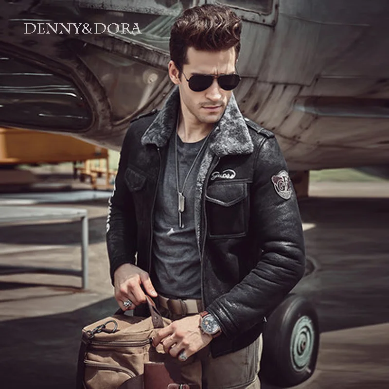 Denny&ampDora Стильная черная мужская мотоциклетная куртка из овчины — короткое