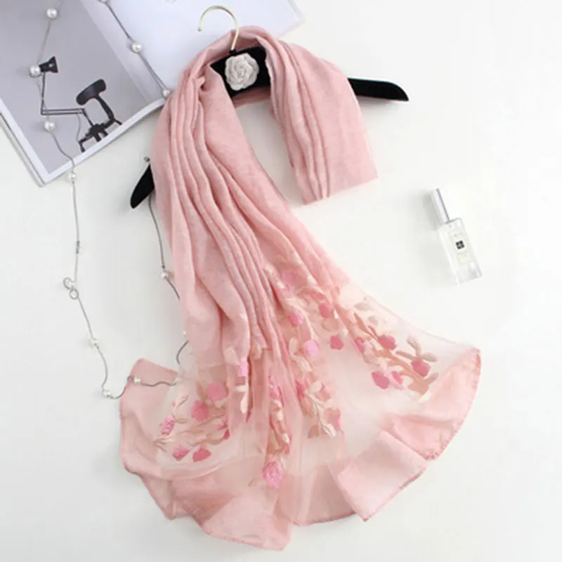 summer organza imitation silk scarves women fashion shawl versatile soft Lady Flower embroidery 200 cm *70 | Аксессуары для одежды