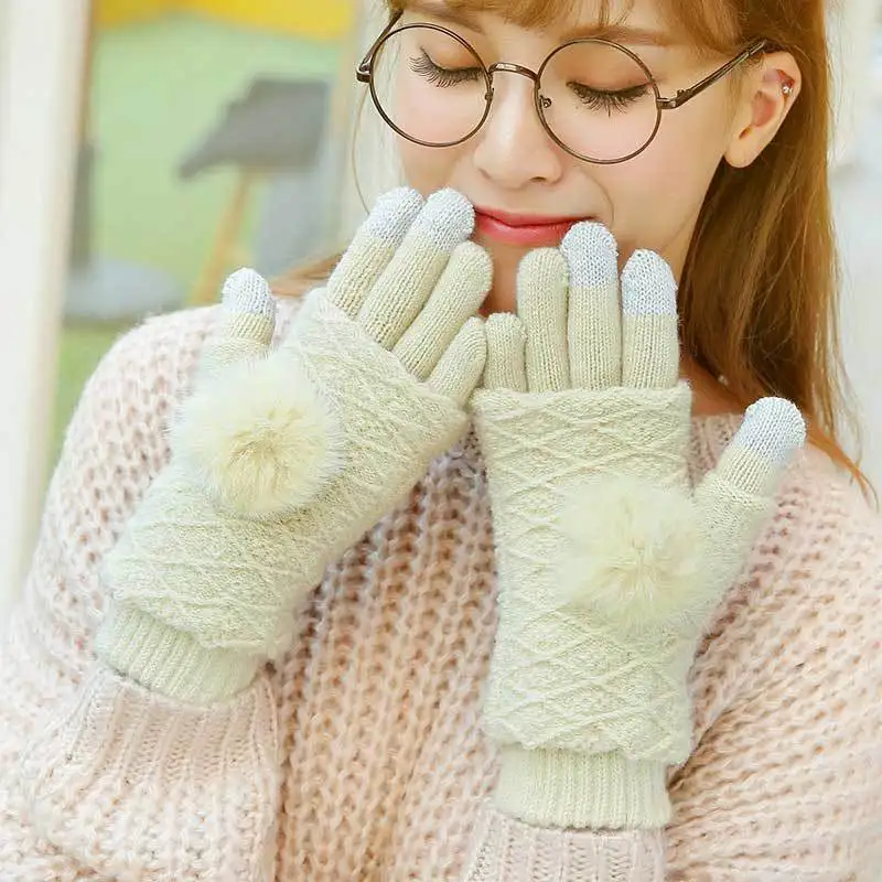 Hair ball-Beige Перчатки женские зимние теплые двухслойные раздельные перчатки без пальцев женские варежки с помпонами из кроличьего меха женские перчатки - Цвет: Hair ball-Beige