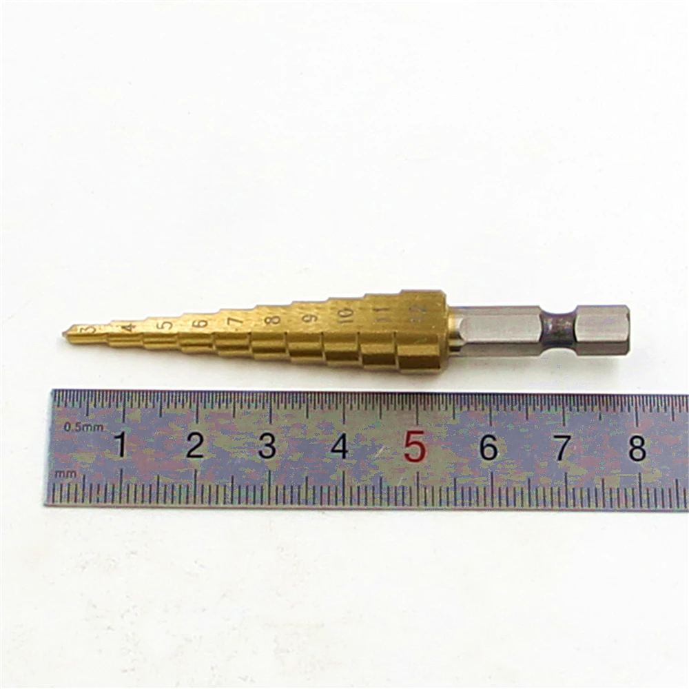 Новые ступенчатые сверла HSS 3 мм-12 мм с прямыми канавками для инструментов с шестигранной головкой 1/4 дюйма. Оптовая цена на 10 ступеней сверления металла с титановым покрытием.