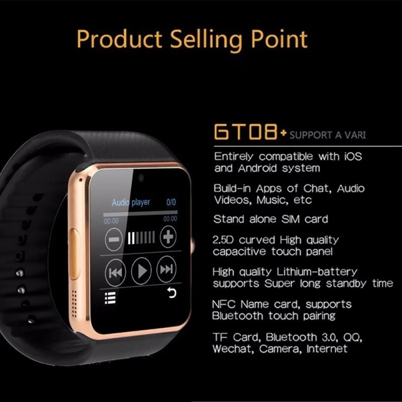 Bluetooth умные часы мужские спортивные GT08 сенсорный экран большой аккумулятор