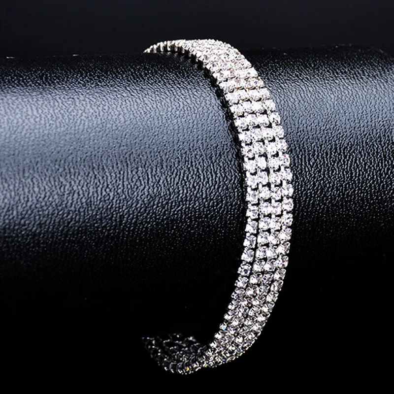 Женский свадебный браслет стразы 4 ряда серебряного цвета эффектные свадебные