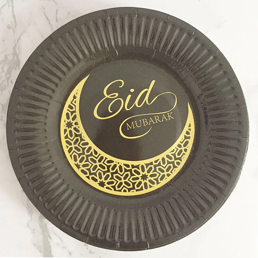 6pcs black plates 6 шт ИД Мубарак Бумага пластины черный и золотой Бумага салфетки одноразовая посуда вечерние пластины праздника вечерние поставки - Цвет: 6pcs black plates