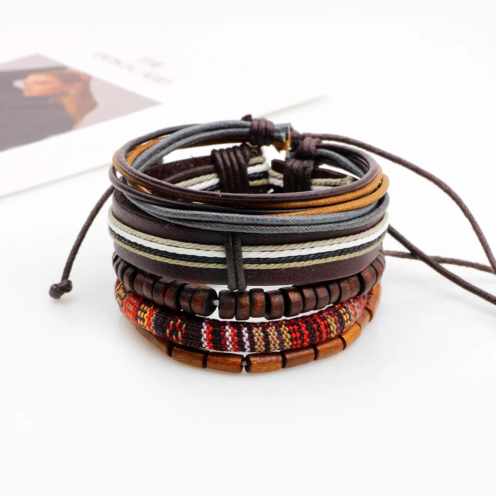 345pcs/set Gypsy Hippie Punk Tibetan Light Dark Brown Wood Beads Wrap Leather Cord Layers Stackable Bracelets Bangle Set for Man