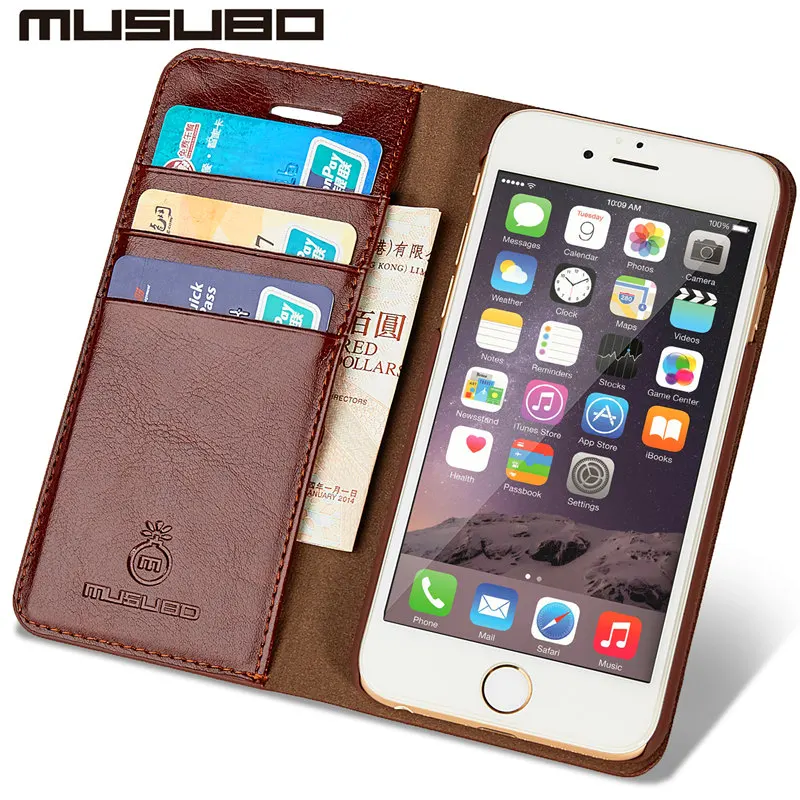 MUSUBO кожа Роскошный чехол для мобильного телефона для iPhone 5S iPhone 5 5S SE чехол на айфон 7 плюс с футляром для карт памяти чехлы на айфон 6 чехол айфон 8 Plus чехол на айфон X iPhone Case Cover Coque Capa - Цвет: Коричневый