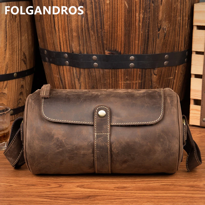 

Brand Vintage Crazy Horse Leather Crossbody Bag Men's Handmade Genuine Leather Shoulder Messenger Bags Barrel Shape Chest Pack
