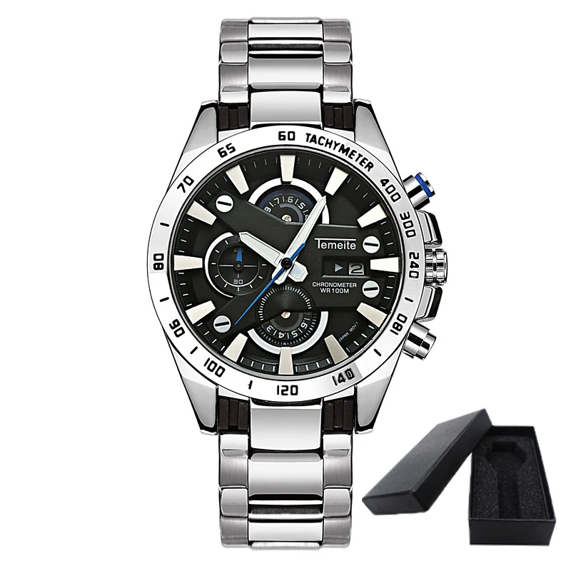 TEMEITE 2 WITH BOX Temeite Мужские Бизнес часы водонепроницаемые Роскошные модные кварцевые часы мужские часы с хронографом и датой военные мужские часы Relogio подарок - Цвет: TEMEITE 2 WITH BOX