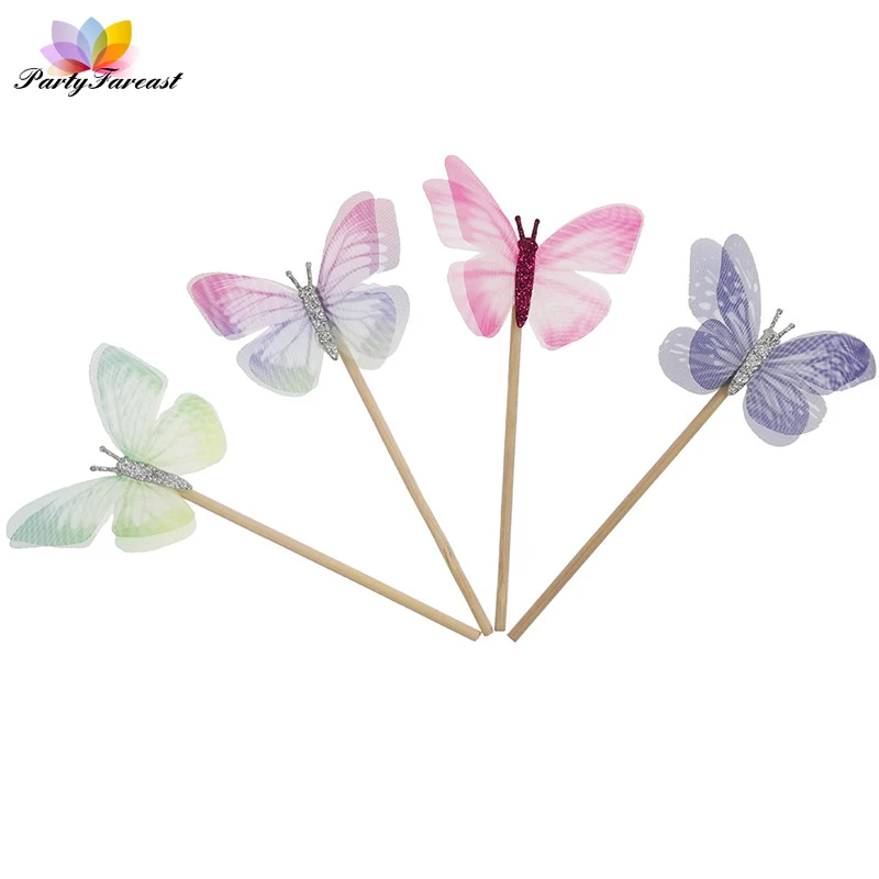 10pc Double-Layer Tulle Colorful Butterfly Cake Flags Cupcake Cake Toppe For Wedding Party Children Birthday Cake Decor Supplies