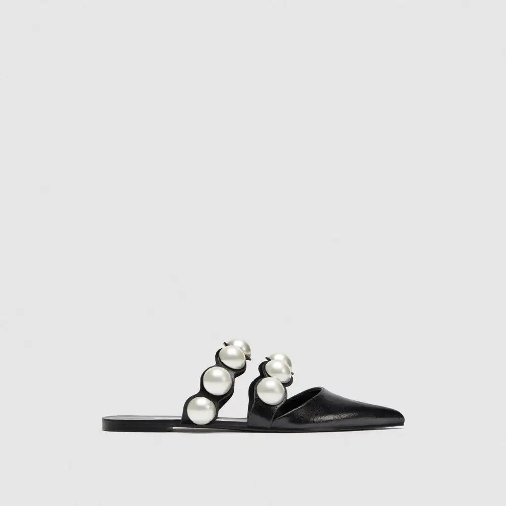 Black Pearl Sandals Роскошные брендовые сандалии с жемчугом; женские туфли без задника с острым носком; шикарная лакированная кожа; коллекция года; сезон лето; пляжные шлепанцы без застежки; женская обувь - Цвет: Black Pearl Sandals
