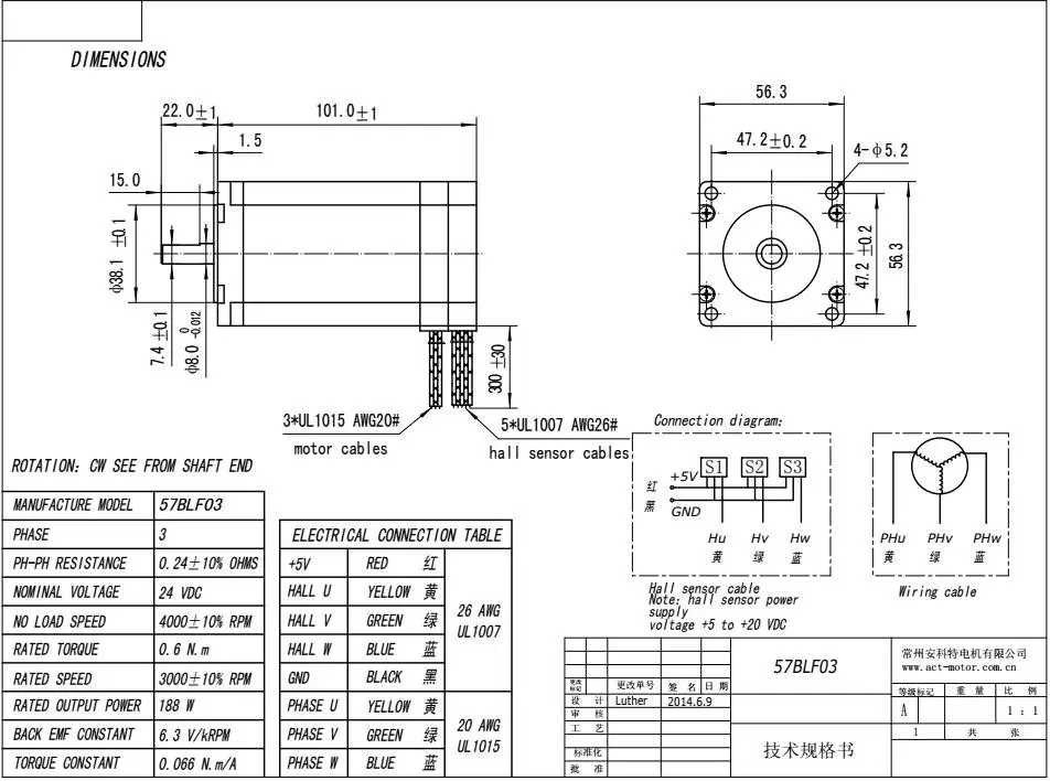 Действовать двигатель 1 шт. Nema23 мотора постоянного тока без щетки 57BLF03 24V 250W 3000