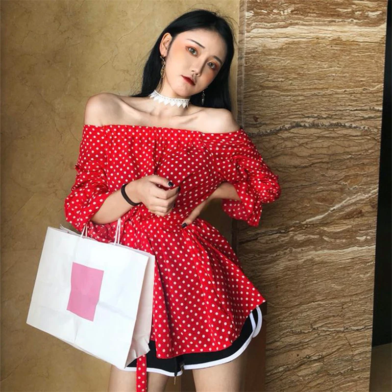 Lychee/блузка для девочек с узором в горошек на шнуровке вырезом лодочкой рукав три