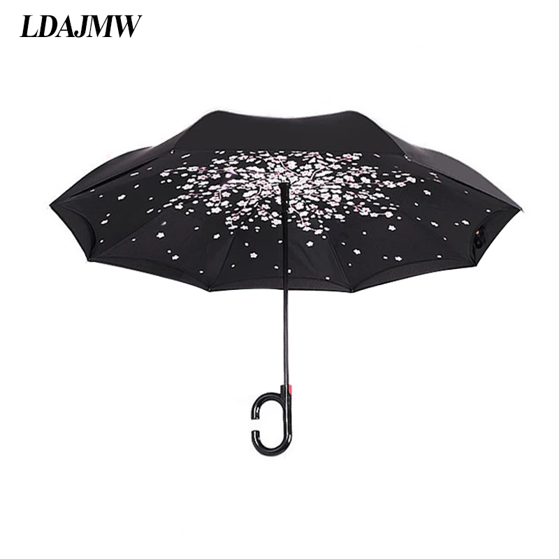

New Automatic Double Layer Reverse Umbrella Open/close Narrowest C-Shaped Free Hand Graphic Windproof Long Umbrella Car Umbrella