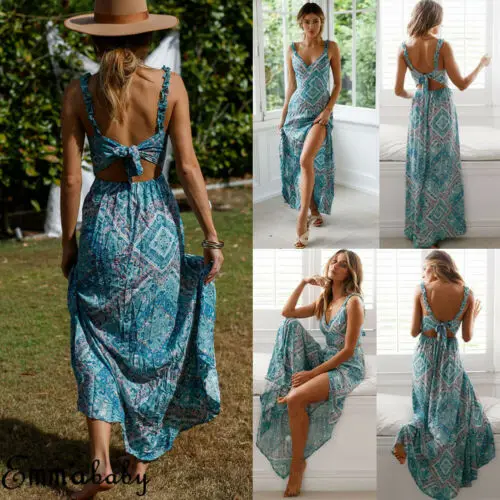 Женское длинное платье макси с бантом открытой спиной и v образным вырезом летние