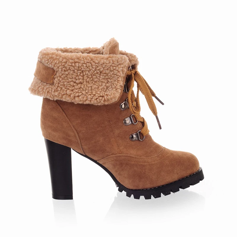 Женские ботильоны на толстом высоком каблуке со шнуровкой и мехом внутри|shoes fashion