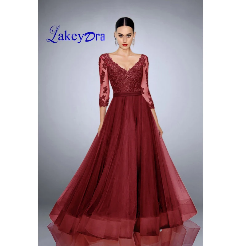 Lakeydra A-Line Evening Dresses Burgundy Tulle 3/4 Sleeves with Appliques Zipper Back Gowns | Свадьбы и торжества
