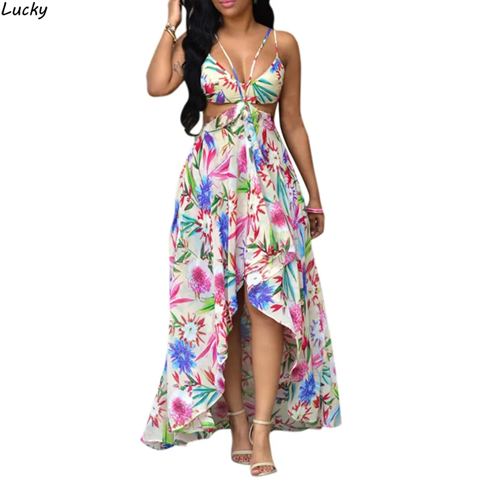 Stylish Sexy Sleeveless Floral Print Long Dress Cut Out Backless Maxi Party Spaghetti Strap Irregular Hem Vestidos S-XL U2 | Женская