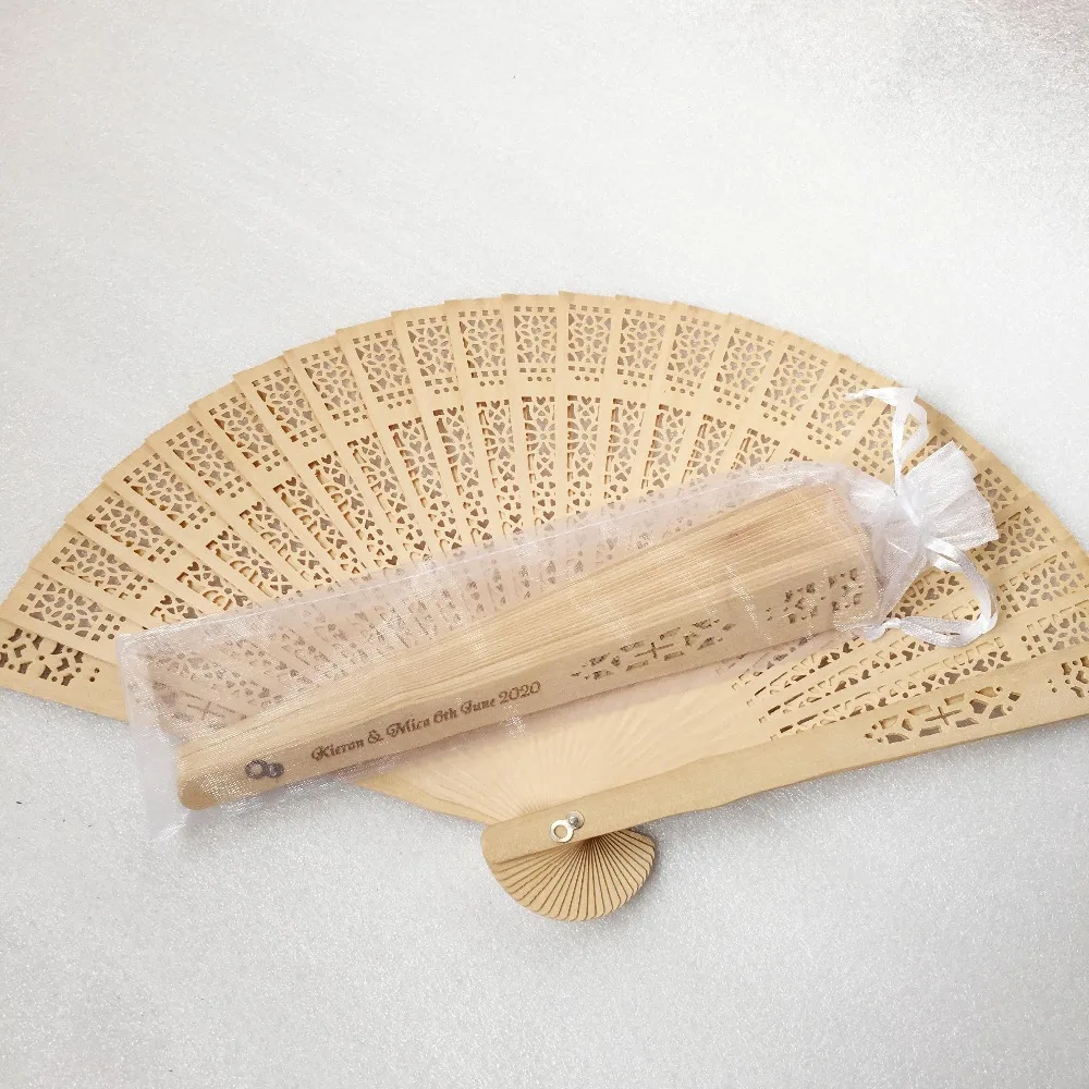 

in bulk 50pcs lot personalized sandalwood folding hand fans wedding party giveaways favours fan with organza bag