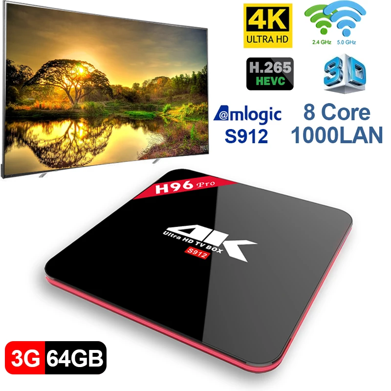 h96 Android 7.1 Smart TV Box S912 Octa core 3 gb DDR4 di Ram 64 Rom BT 4.1 5g Dual WIFI 1000 m Lan 3D 4 k IPTV set top | Электроника