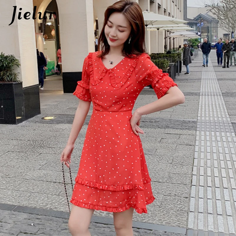 Jielur Summer Dress Women New Elegant Slim Casual Printed Peter Pan Collar Ruffles Flare Dresses Korean Style Vintage Sukienki | Женская