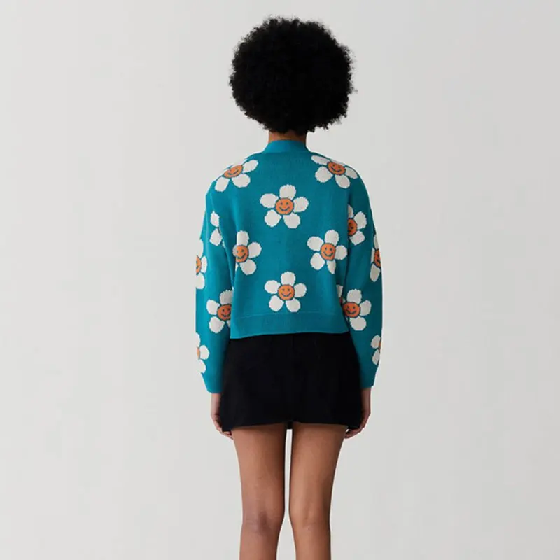 Милый улыбающийся цветок печати вязаный кардиган женщин 2019 осень v-образным