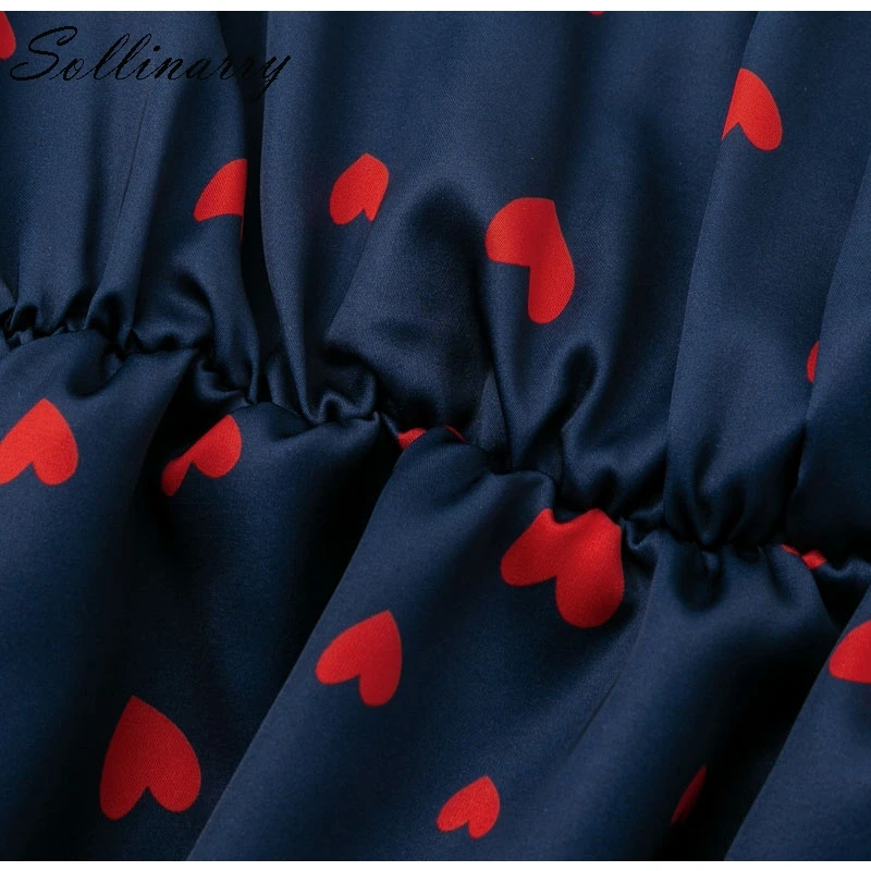 Sollinarry Heart Print Lantern Sleeve Satin Blouse Vintage Ruffles Short Women Deep V Neck Sexy Blusa Mujer |