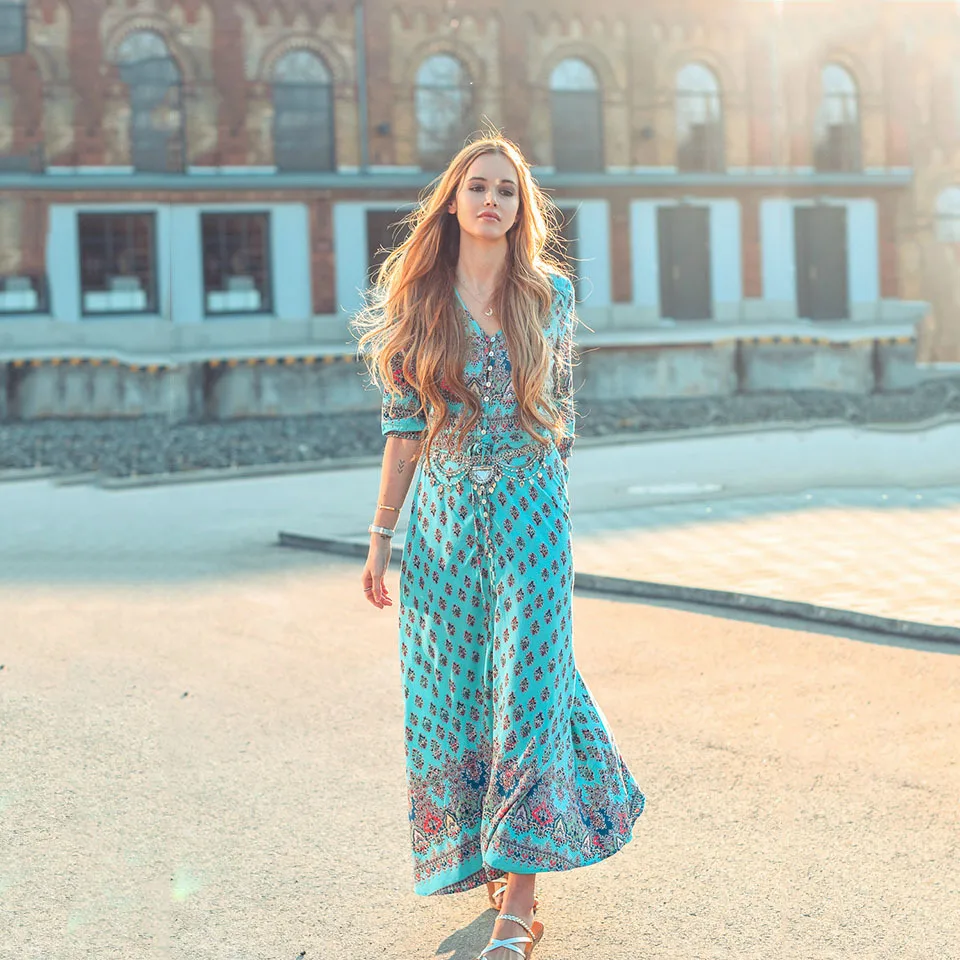 SHIBEVER винтажное летнее женское платье на пуговицах с принтом Бохо длинное пляжное