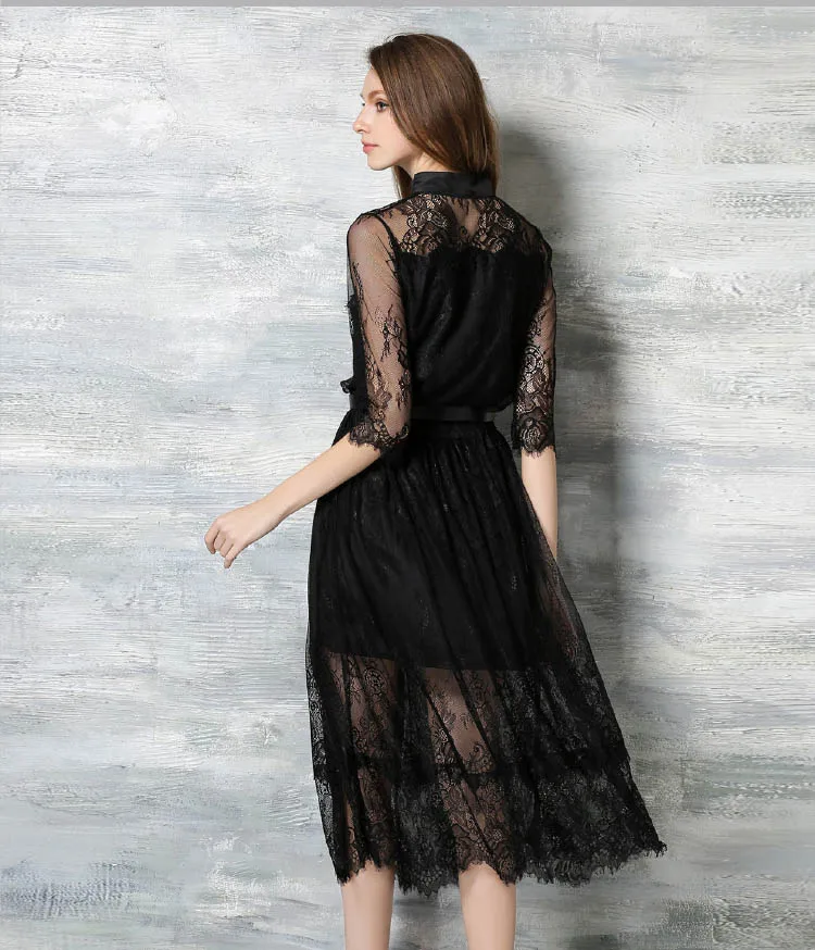 Лето 2017 Black Dress Дамы Кружева Сетки Лоскутное Рукав реглан Поясом Длинные Платья На