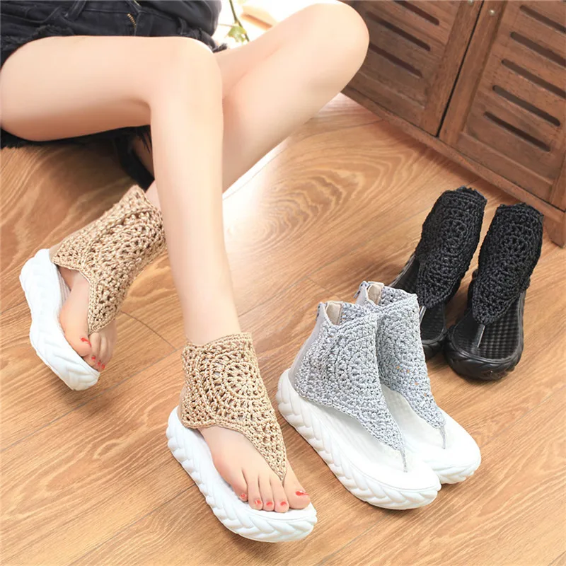 LIN KING/женские босоножки наивысшего качества на молнии; Модная трикотажная Летняя обувь на платформе с цветочным узором; Туфли-гладиаторы на толстой высокой танкетке