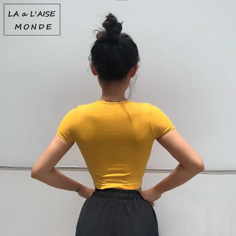 Однотонный облегающий спортивный топ женская короткая футболка быстросохнущая