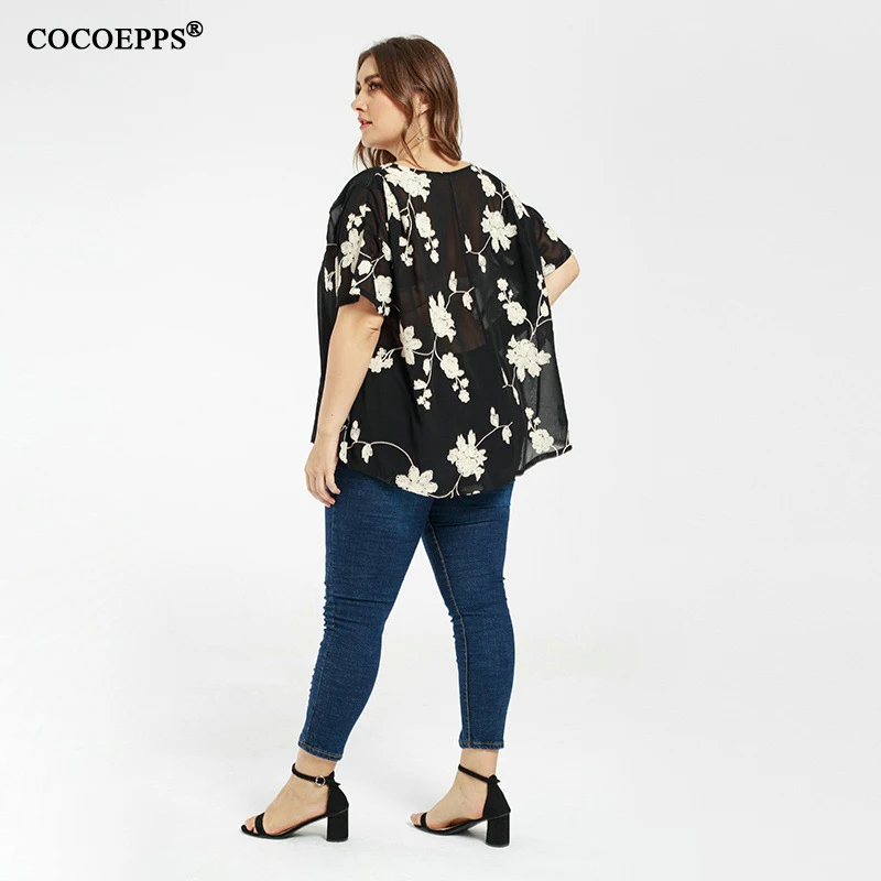 

2019 New Plus Size Embroidery Chiffon T-Shirt Woman Fashionable Print Women Perspective Print Short T Shirt Casual Loose Tops