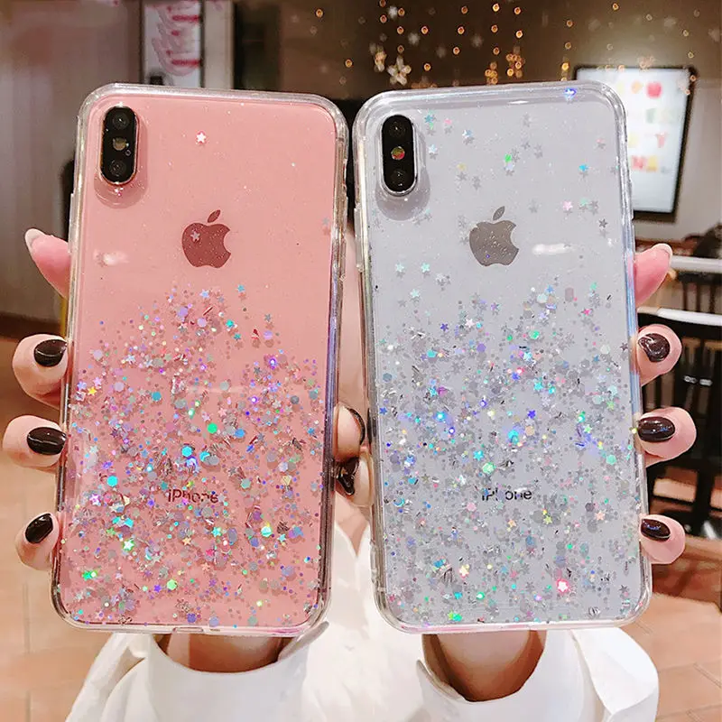Блестящий блестящий чехол с блестками для iPhone 8, 7 Plus, 6, 6S Plus, прозрачный чехол с эпоксидной звездой для iPhone X, XR, XS, MAX, мягкий прозрачный чехол из ТПУ