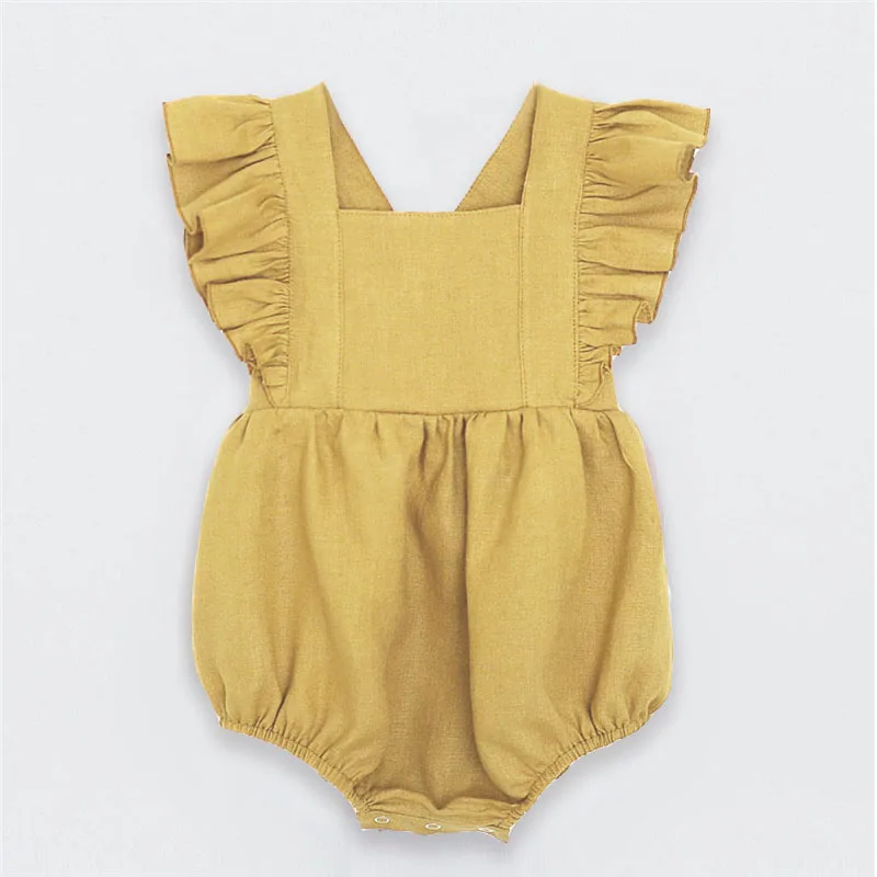 yellow romper От 0 до 2 лет Одежда для маленьких девочек летние детские комбинезоны розового/зеленого цвета, комбинезон для новорожденных, хлопковые льняные костюмы для маленьких девочек - Цвет: yellow romper