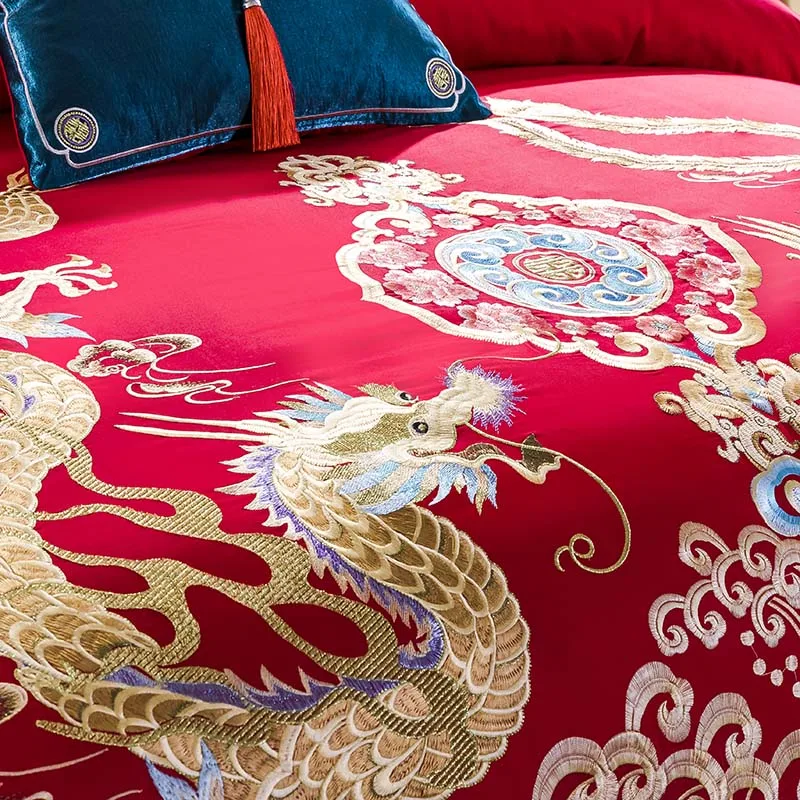 Роскошный красно-Китайский Свадебный Комплект постельного белья Loong Phoenix из 100%