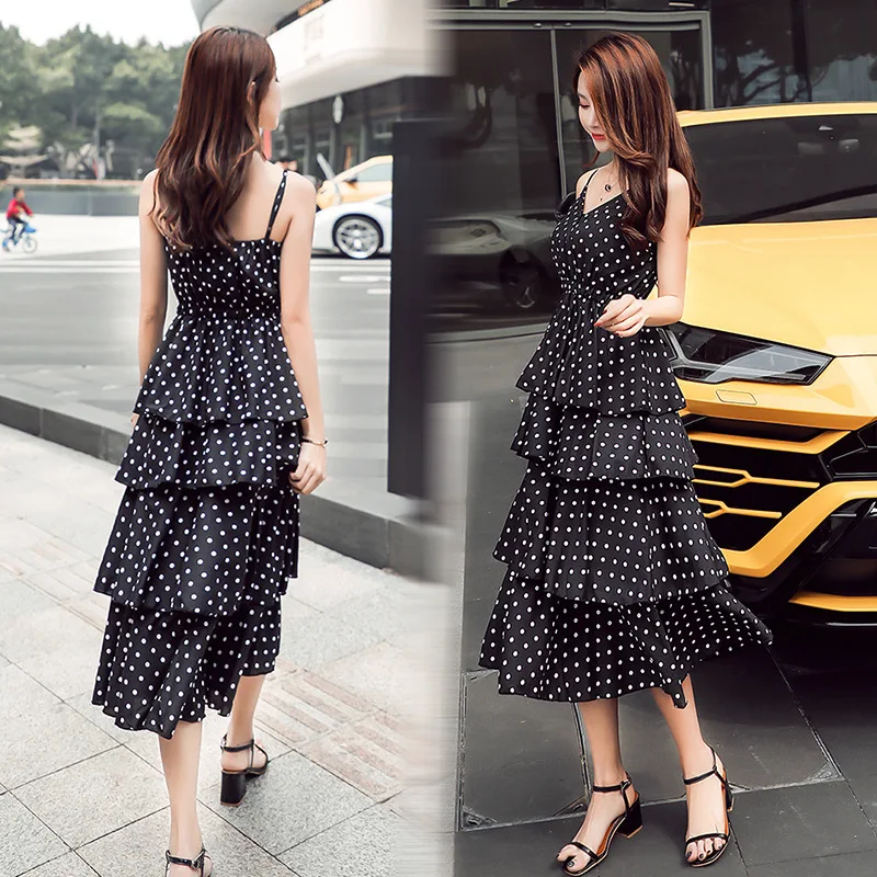 Женское платье макси в горошек с тонкими бретельками|Женские платья| |