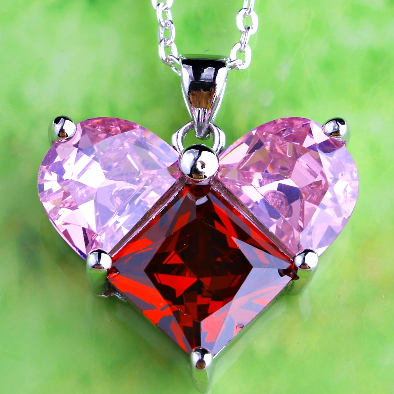 

JROSE Wholesale Dencet Heart Shape Red & White CZ Silver Color Chain Pendant Necklace Women Love Style Jewelry Romantic