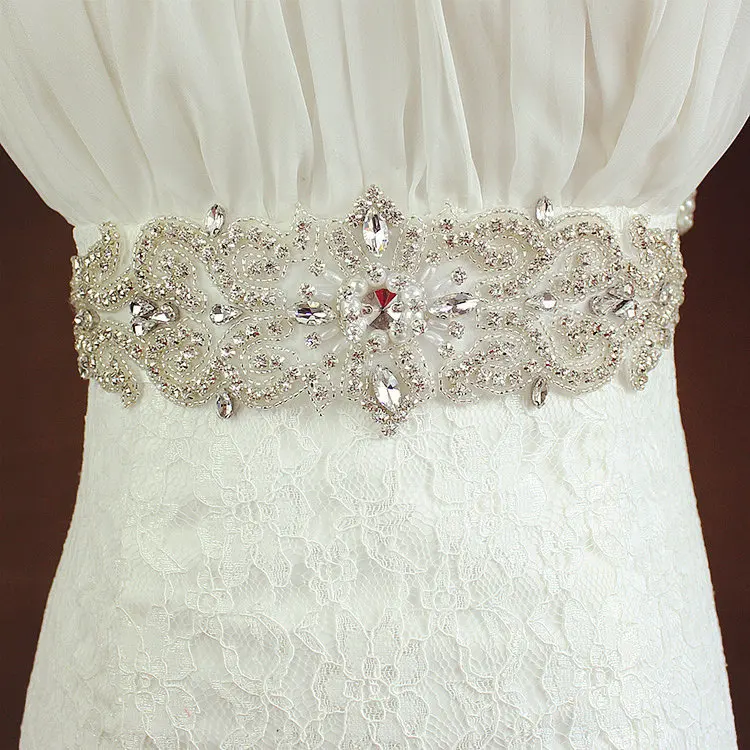 

MissRDress Silver Rhinestones Bridal Belt Crystal Ribbon Wedding Belt Pearls Wedding Sash For Bridal Long Dress JK940