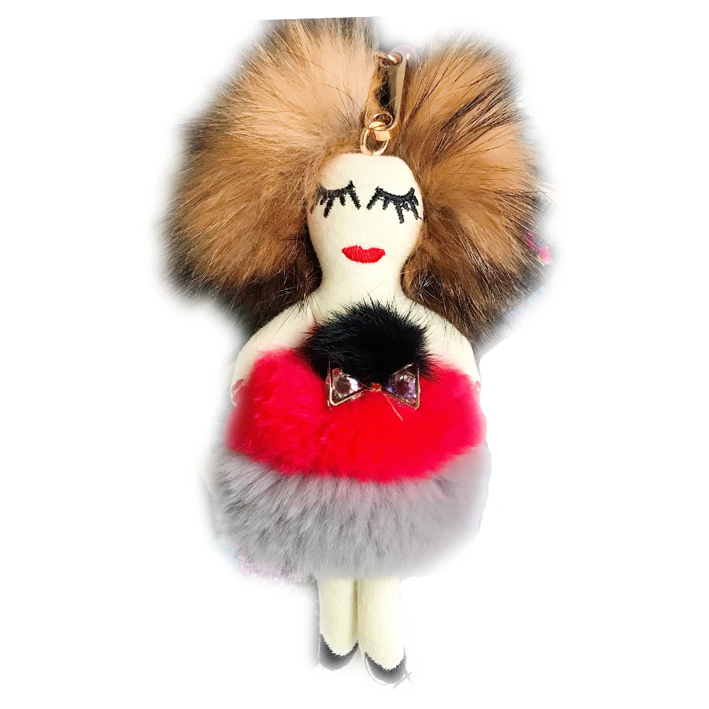 Modern Girl Grazy Women Real Rex Rabbit Fur Keychain Fluffy Doll Fur Pompon Bag Charm Keyring Luxury Car Key Pendant Accessories